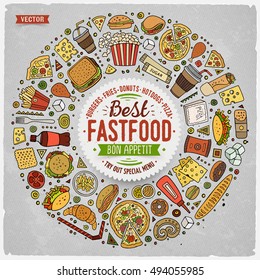 Colorful vector hand drawn set of Fast food cartoon doodle objects, symbols and items. Round frame composition