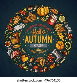 Colorful vector hand drawn set of Autumn cartoon doodle objects, symbols and items. Round frame composition
