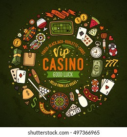 Colorful vector hand drawn set of Casino cartoon doodle objects, symbols and items. Round frame composition
