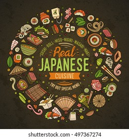 Colorful vector hand drawn set of Japanese food cartoon doodle objects, symbols and items. Round frame composition