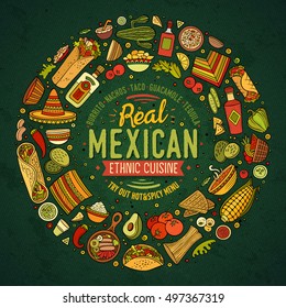 Colorful vector hand drawn set of Mexican food cartoon doodle objects, symbols and items. Round frame composition