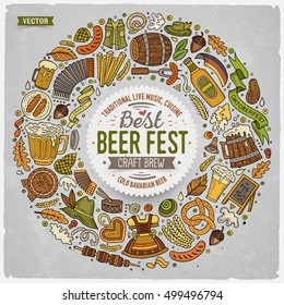 Colorful vector hand drawn set of Beer fest cartoon doodle objects, symbols and items. Round frame composition