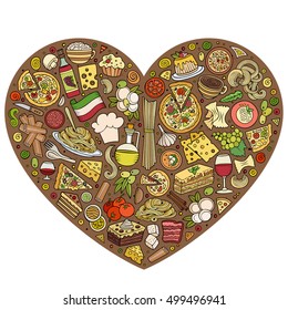 Colorful vector hand drawn set of Italian food cartoon doodle objects, symbols and items. Heart form composition
