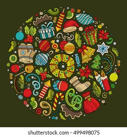 Colorful vector hand drawn set of New Year cartoon doodle objects, symbols and items. Round composition