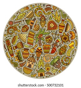 Colorful vector hand drawn set of Africa cartoon doodle objects, symbols and items. Round composition