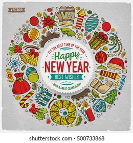 Colorful vector hand drawn set of New Year cartoon doodle objects, symbols and items. Round frame composition