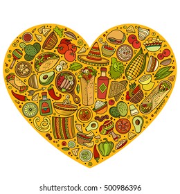 Colorful vector hand drawn set of Mexican food cartoon doodle objects, symbols and items. Heart form composition