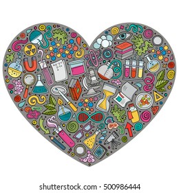 Colorful vector hand drawn set of Science cartoon doodle objects, symbols and items. Heart form composition