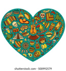 Colorful vector hand drawn set of Latin American cartoon doodle objects, symbols and items. Heart form composition