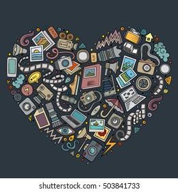 Colorful vector hand drawn set of Photo studio cartoon doodle objects, symbols and items. Heart form composition