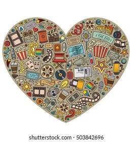 Colorful vector hand drawn set of Cinema cartoon doodle objects, symbols and items. Heart form composition