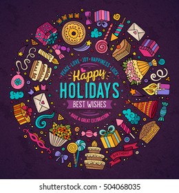 Colorful vector hand drawn set of Holidays cartoon doodle objects, symbols and items. Round frame composition
