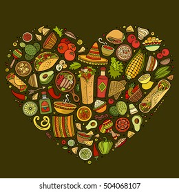 Colorful vector hand drawn set of Mexican food cartoon doodle objects, symbols and items. Heart form composition