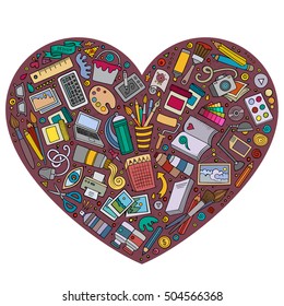 Colorful vector hand drawn set of Art and Design cartoon doodle objects, symbols and items. Heart form composition
