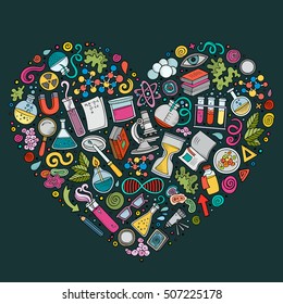 Colorful vector hand drawn set of Science cartoon doodle objects, symbols and items. Heart form composition