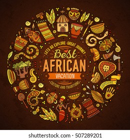 Colorful vector hand drawn set of Africa cartoon doodle objects, symbols and items. Round frame composition