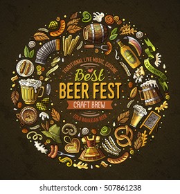 Colorful vector hand drawn set of Beer fest cartoon doodle objects, symbols and items. Round frame composition