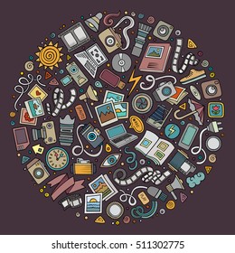 Colorful vector hand drawn set of Photo studio cartoon doodle objects, symbols and items. Round composition