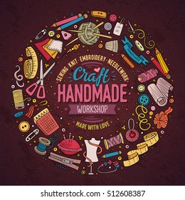Colorful vector hand drawn set of Handmade cartoon doodle objects, symbols and items. Round frame composition