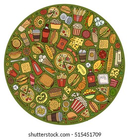 Colorful vector hand drawn set of Fast food cartoon doodle objects, symbols and items. Round composition