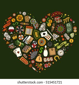 Colorful vector hand drawn set of Casino cartoon doodle objects, symbols and items. Heart form composition