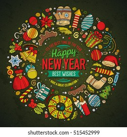 Colorful vector hand drawn set of New Year cartoon doodle objects, symbols and items. Round frame composition
