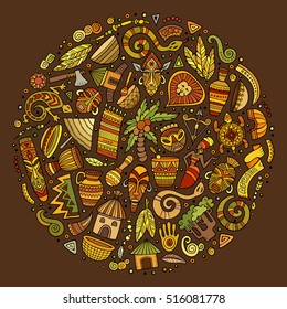 Colorful vector hand drawn set of Africa cartoon doodle objects, symbols and items. Round composition