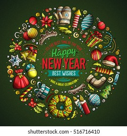 Colorful vector hand drawn set of New Year cartoon doodle objects, symbols and items. Round frame composition