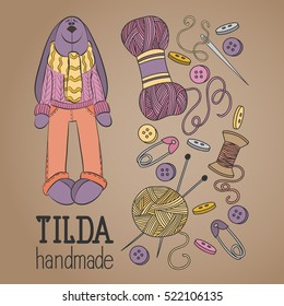Colorful vector hand drawn set of object Hand Made Tilde doll hare cartoon doodle, symbols and items