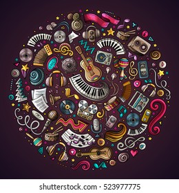 Colorful vector hand drawn set of Musical cartoon doodle objects, symbols and items. Round composition