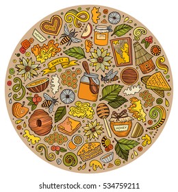 Colorful vector hand drawn set of Honey cartoon doodle objects, symbols and items. Round composition