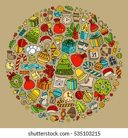 Colorful vector hand drawn set of New Year cartoon doodle objects, symbols and items. Round composition