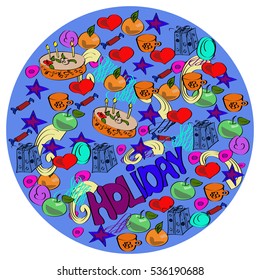 Colorful vector hand drawn set of holiday cartoon doodle objects, symbols and items. Circle form composition