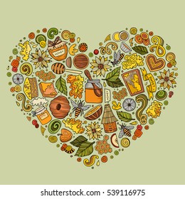 Colorful vector hand drawn set of Honey cartoon doodle objects, symbols and items. Heart form composition