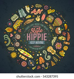 Colorful vector hand drawn set of Hippie cartoon doodle objects, symbols and items. Round frame composition