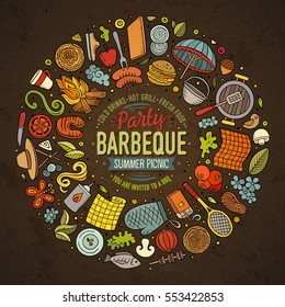 Colorful vector hand drawn set of Picnic cartoon doodle objects, symbols and items. Round frame composition