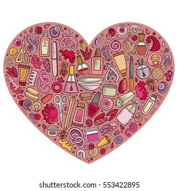 Colorful vector hand drawn set of Manicure cartoon doodle objects, symbols and items. Heart form composition