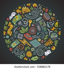Colorful vector hand drawn set of Electric cars cartoon doodle objects, symbols and items. Round composition