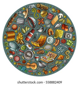Colorful vector hand drawn set of Picnic cartoon doodle objects, symbols and items. Round composition