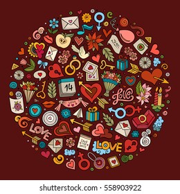 Colorful vector hand drawn set of Love cartoon doodle objects, symbols and items. Round composition