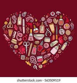 Colorful vector hand drawn set of Manicure cartoon doodle objects, symbols and items. Heart form composition 