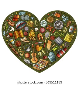 Colorful vector hand drawn set of Picnic cartoon doodle objects, symbols and items. Heart composition 