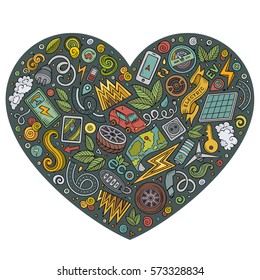Colorful vector hand drawn set of Eco cars doodle objects, symbols and items. Heart form composition