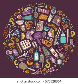 Colorful vector hand drawn set of Hair salon cartoon doodle objects, symbols and items. Round composition - Shutterstock ID 573328864