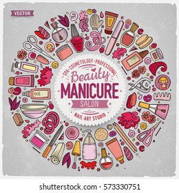 Colorful vector hand drawn set of Manicure cartoon doodle objects, symbols and items. Round frame composition