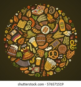 Colorful vector hand drawn set of Beer fest cartoon doodle objects, symbols and items. Round form composition