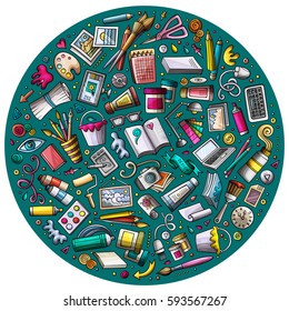 Colorful vector hand drawn set of Designer cartoon doodle objects, symbols and items. Round composition