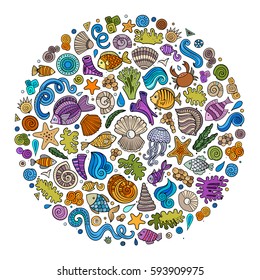 Colorful vector hand drawn set of Sea life cartoon doodle objects, symbols and items. Round composition