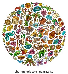 Colorful vector hand drawn set of Indian cartoon doodle objects, symbols and items. Round composition