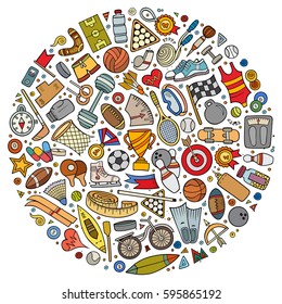 Colorful vector hand drawn set of Sport cartoon doodle objects, symbols and items. Round composition